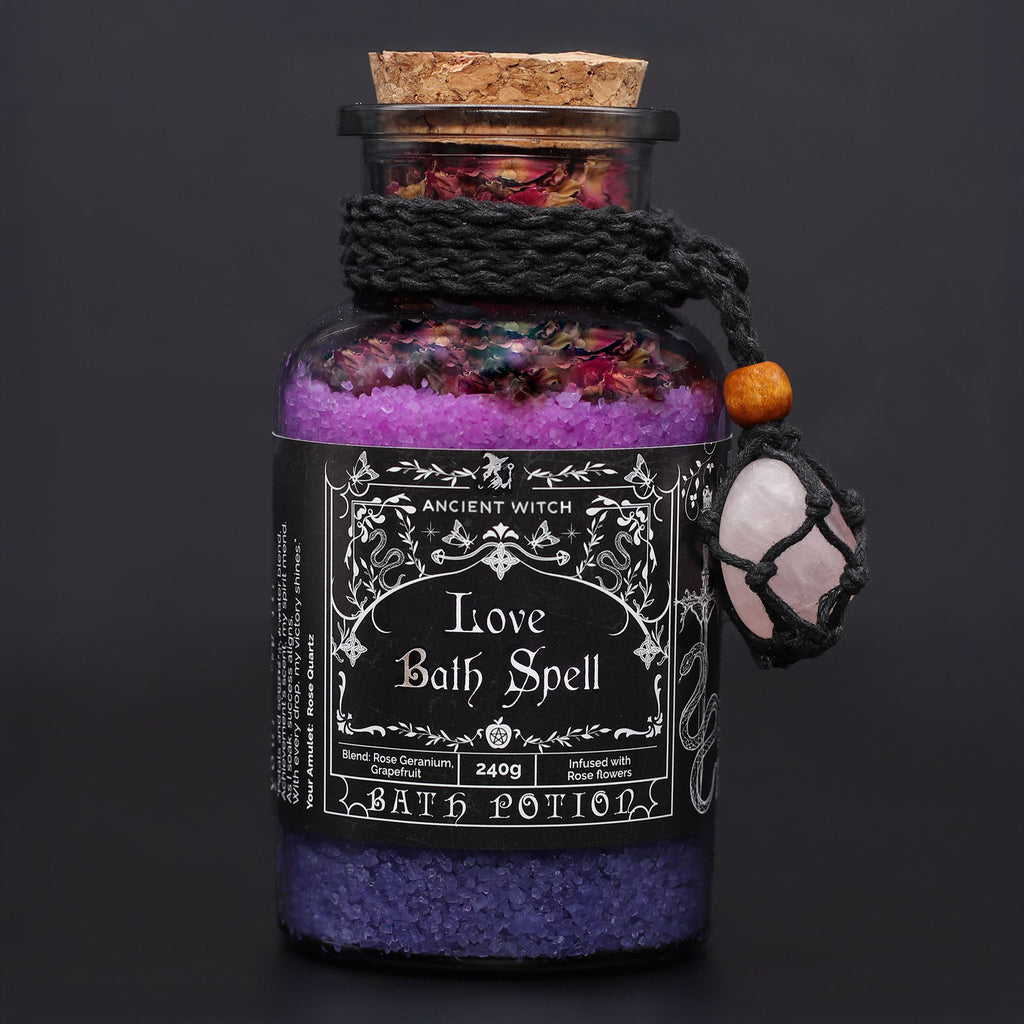 Ancient Witch Bath Spell Potion & Rose Quartz Crystal Amulet - Love