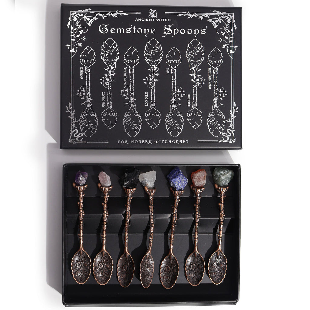 Set of 7 Bronze Gemstone Crystal Witch Spoons